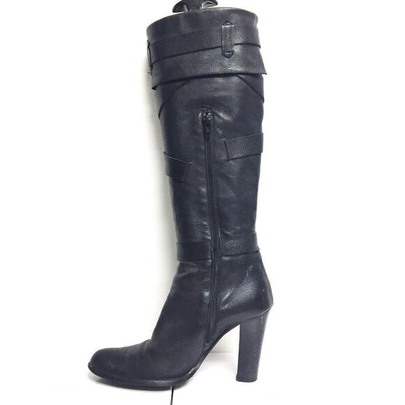 Browns Knee High Leather Boots Heel Straps Black - Picture 4 of 8